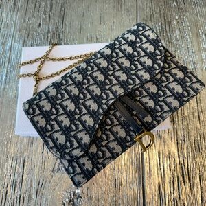 Authentic Christina Dior Oblique Saddle Chain Pouch Blue